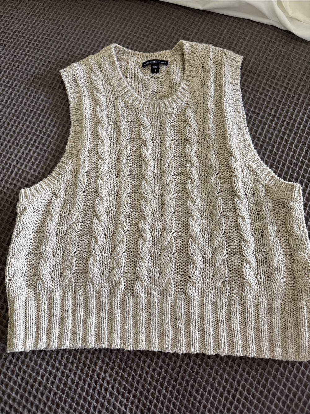James Perse Cotton/Linen Chink Cable Knit Vest in Oatmeal, Size 3 never worn